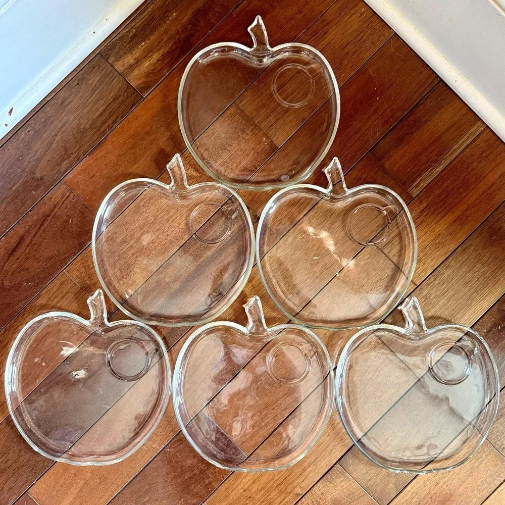 6pc VTG 1950s 50s MCM Hazel Atlas Orchard Apple Snack‎ Luncheon Plate Cup Holder